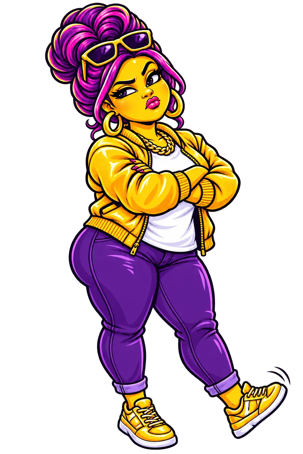 Momma with folded arms, a raised eyebrow, and an exaggerated mock-offended pout